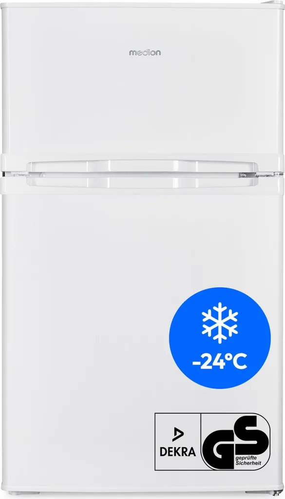 MEDION Mini Fridge-Freezer (85 liters, 61L fridge compartment, 24L freezer compartment, freestanding, 40 dB, transparent vegetable drawer, reversible door hinge, MD 37689) white