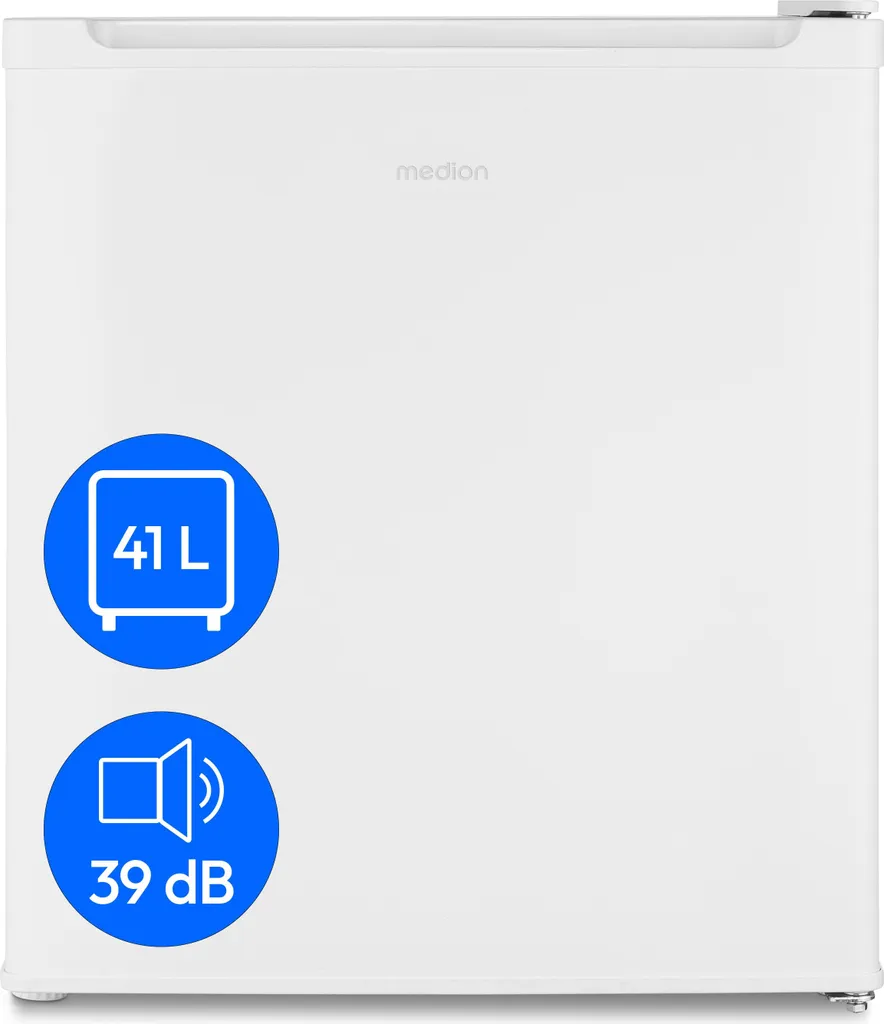 MEDION mini fridge with freezer compartment (small, quiet, 41L small fridge for office, hotels, minibar, camping, gaming, drinks fridge, food & ice, reversible door hinge, MD37724)