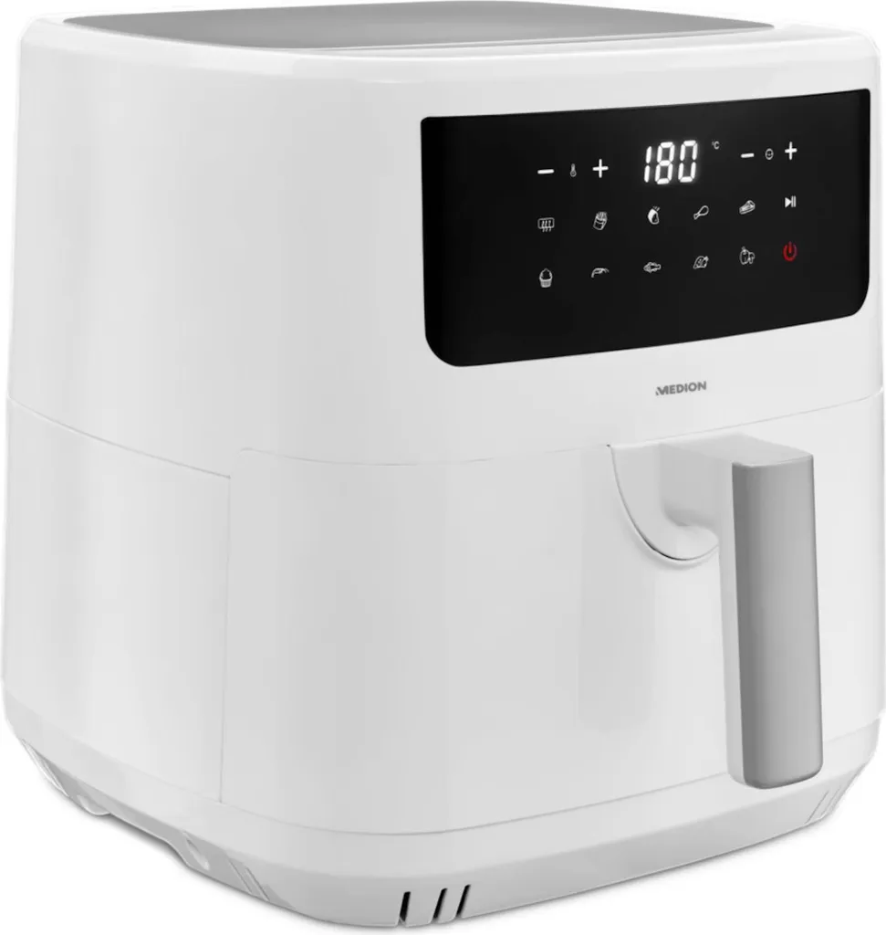 MEDION P10 XL Duo Hot Air Fryer (6.8 Liter XXL, Airfryer, 2,150 Watts, two stainless steel heating elements, shake alarm, 9 automatic programs, touch control panel, LED display) matt