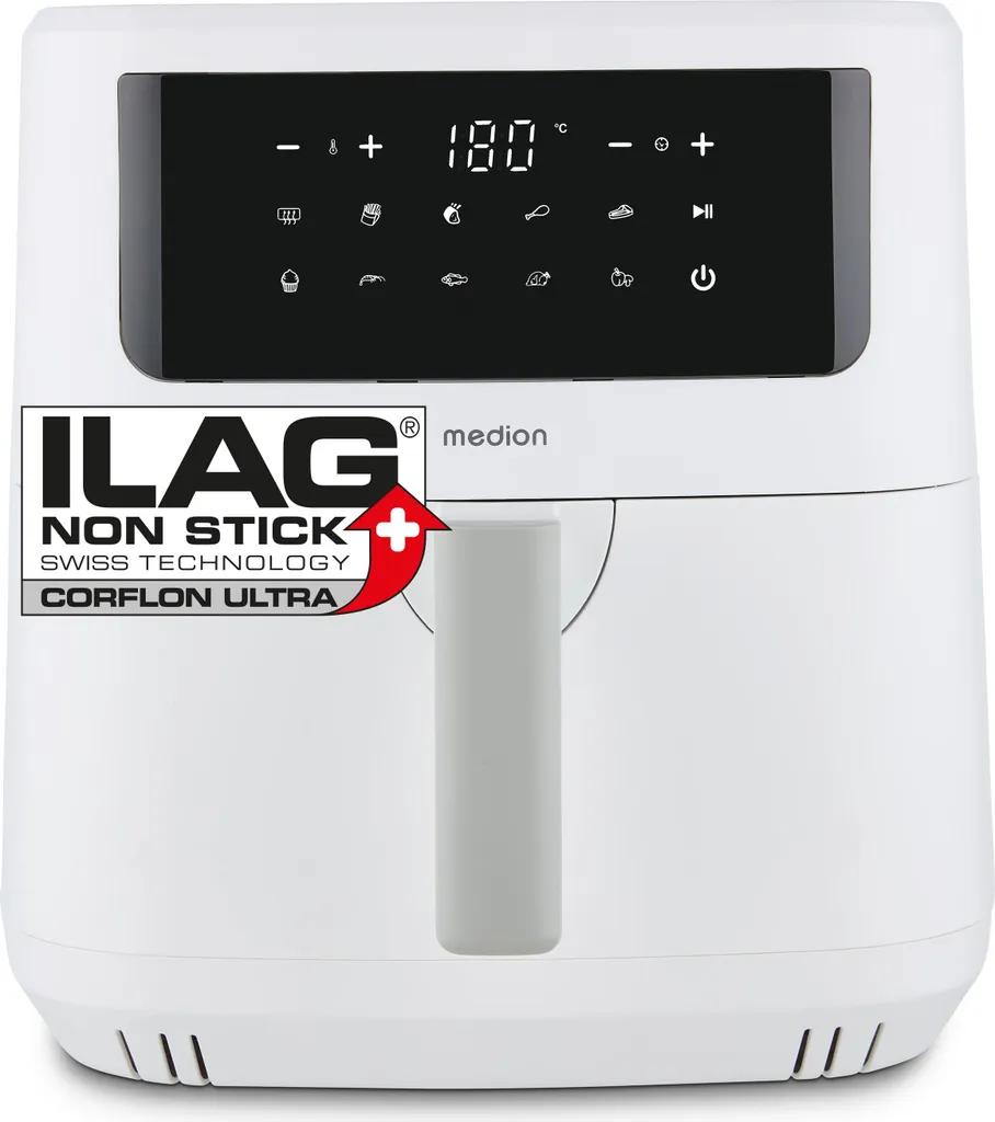 MEDION P10 XL Duo Hot Air Fryer (6.8 Liter XXL, Airfryer, 2,150 Watts, two stainless steel heating elements, shake alarm, 9 automatic programs, touch control panel, LED display) white