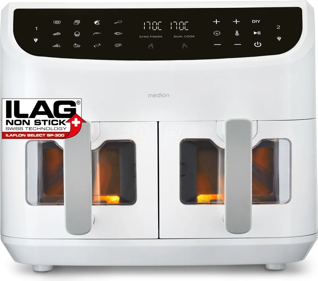 MEDION P20 XXL Hot Air Fryer with 2 Chambers (8.7 Liters, Airfryer, 2,600 Watts, Double Chamber, 10 Automatic Programs, 2 Drawers, Viewing Window, Dual Airfryer, Dual Cook & Sync Finish) White