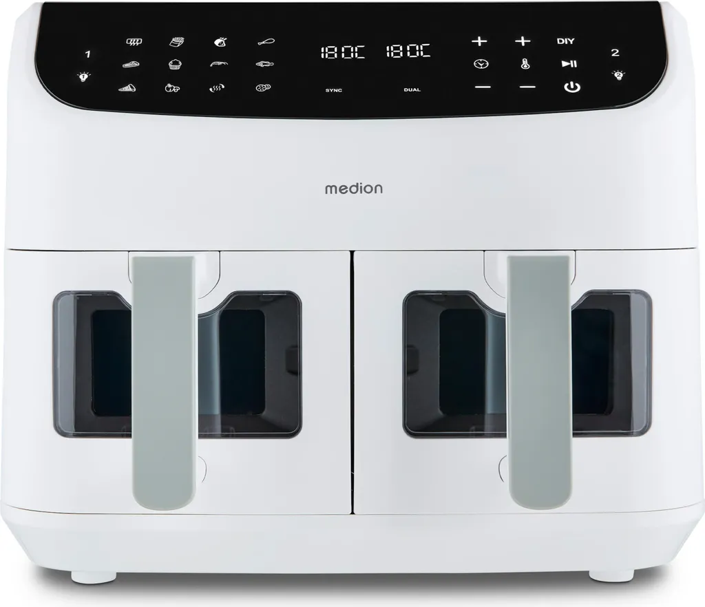 MEDION P20 XXL Hot Air Fryer with 2 Chambers (8.7 Liters, Airfryer, 2,600 Watts, Dual Chamber, 10 Automatic Programs, 2 Drawers, Viewing Window, Dual Airfryer, ILAG PFAS-free, MD11760) matt white
