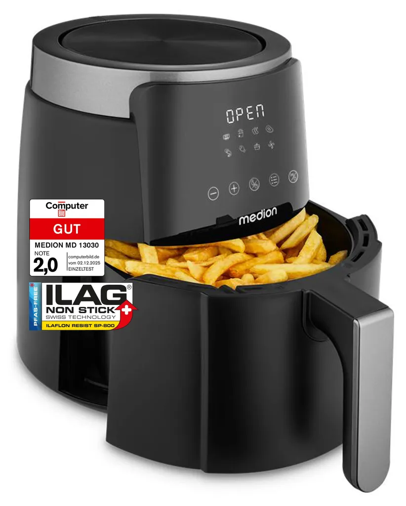 MEDION P40 L Hot Air Fryer (4.7 Liters, Airfryer, 1500 Watts, Easy Operation, Oil-Free Frying, 60 Min Timer, Up to 200°C, Non-Stick Coating, MD13030) Black