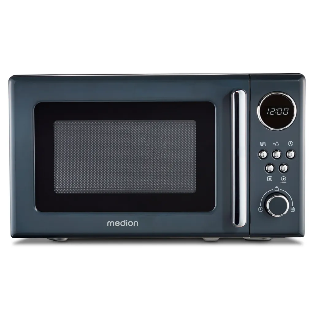 MEDION Retro Microwave Small (20 Liters, approx. 800 Watts, 5 Microwave Levels, 8 Automatic Programs, Digital Display, Defrost Function, Compact, MD15000) Grey