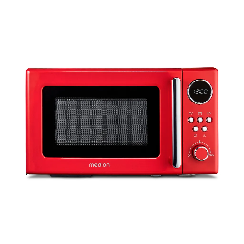MEDION Retro Microwave Small (20 Liters, approx. 800 Watts, 5 Microwave Levels, 8 Automatic Programs, Digital Display, Defrost Function, Compact, MD15000) Red