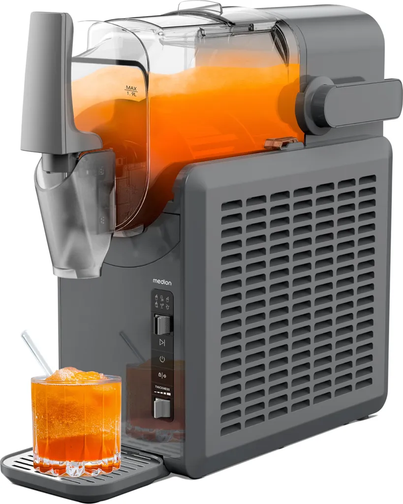 MEDION Slush Machine (2.6 liter slush ice capacity, 1.9 liter capacity, slush ice maker for drinks, 5 drink modes, 30-60 minute preparation time, compressor, slush ice machine, MD12090)
