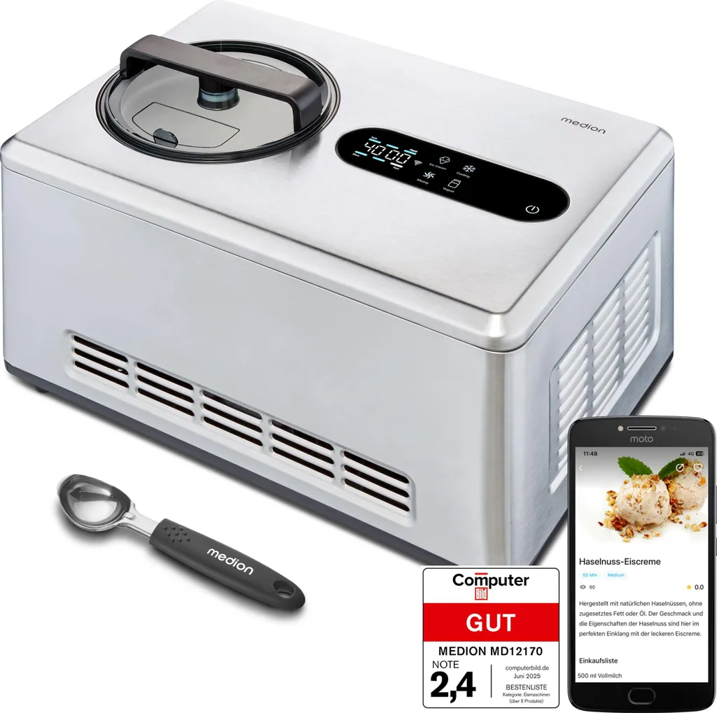 MEDION smart ice cream maker with compressor (self-cooling, 2 liters, app control incl. ice cream recipes, yogurt, ice cream, sorbet, LED display, stainless steel, MD12170)