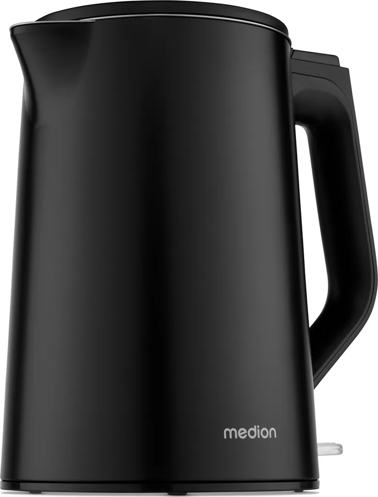 MEDION Stainless Steel Kettle (1.5 Liters, 2200 Watts, 360° Base, Keep Warm Function, LED Operating Indicator, Double-Walled Stainless Steel Housing, MD12105) Black