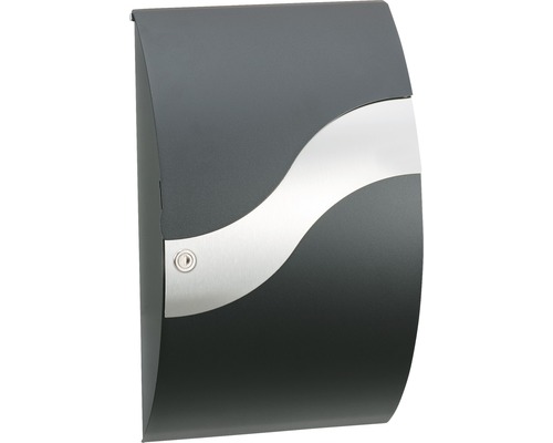 MEFA mailbox, stainless steel/brushed, WxHxD 315/540/155 mm, Wave 630, jet black RAL 9005, textured finish and stainless steel, front retrieval