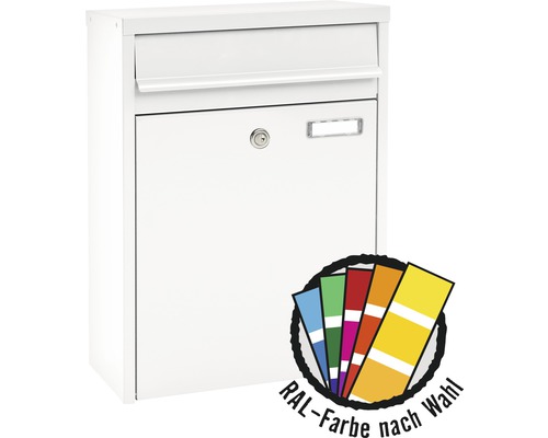 MEFA mailbox, powder-coated steel, WxHxD 345/470/170 mm, Piano 350, traffic white, RAL special color upon request, with nameplate