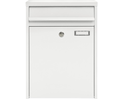 MEFA mailbox, powder-coated steel, WxHxD 345/470/170 mm, Piano 350, traffic white RAL 9016 glossy, with nameplate and flap