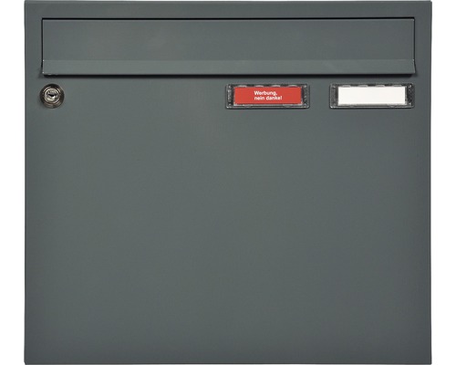MEFA mailbox, powder-coated steel, WxHxD 370/330/100 mm, Sonate 132, basalt grey RAL 7012 textured finish, with 2 nameplates and flap