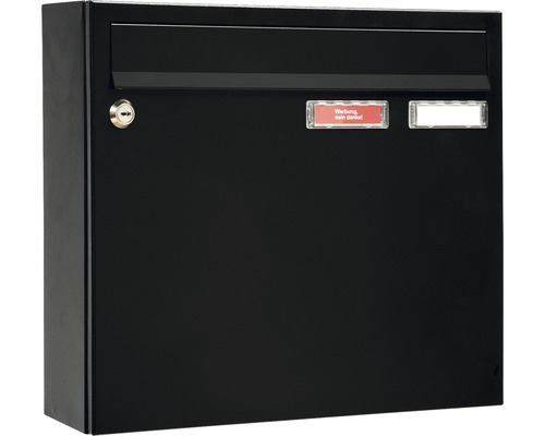 MEFA mailbox, powder-coated steel, WxHxD 370/330/100 mm, Sonata 132, jet black RAL 9005, semi-matte, with 2 nameplates and flap