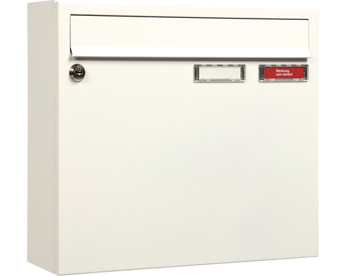 MEFA letterbox, powder-coated steel, WxHxD 370/330/100 mm, Sonata 132, traffic white RAL 9016, glossy, with 2 nameplates and flap