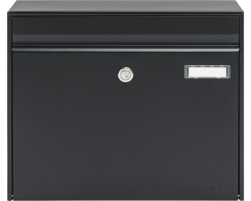 MEFA mailbox, powder-coated steel, WxHxD 385/310/137 mm, Vals 101, jet black RAL 9005, semi-matte, front access with flap, nameplate
