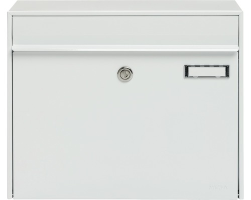 MEFA mailbox, powder-coated steel, WxHxD 385/310/137 mm, Vals 101, traffic white RAL 9016, glossy, front retrieval with flap, nameplate