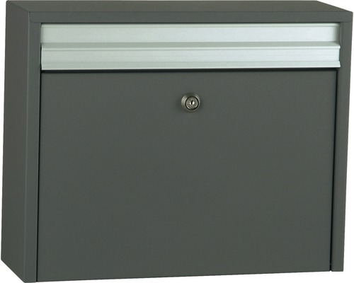 MEFA letterbox, powder-coated steel, WxHxD 397/320/130 mm, Minuet 99, Basalt Grey RAL 7012, textured finish, front access with flap.
