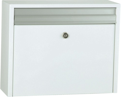 MEFA letterbox, powder-coated steel, WxHxD 397/320/130 mm, Minuet 99, traffic white RAL 9016 glossy, front access with flap.