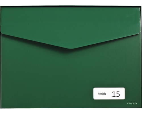 MEFA mailbox, powder-coated steel, WxHxD 430x312x178 mm, Letter 113, moss green RAL 6005, semi-matte, with nameplate and flap