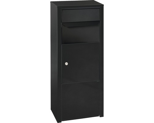 MEFA parcel mailbox, powder-coated steel, WxHxD 352/952/200 mm, Rowan 471, jet black RAL 9005, with flap, front access