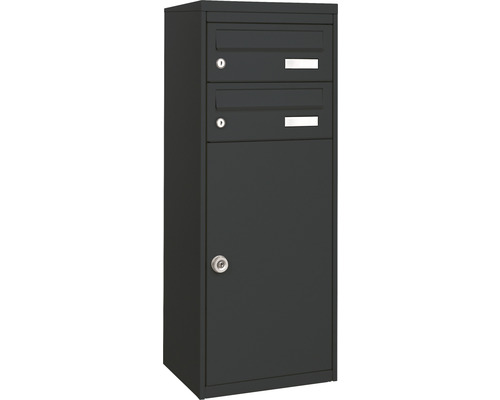 MEFA parcel mailbox, powder-coated steel, WxHxD 410/1025/325 mm, Mana 482, black-grey RAL 7021, semi-matte, front access, 3 compartments with 2 nameplates