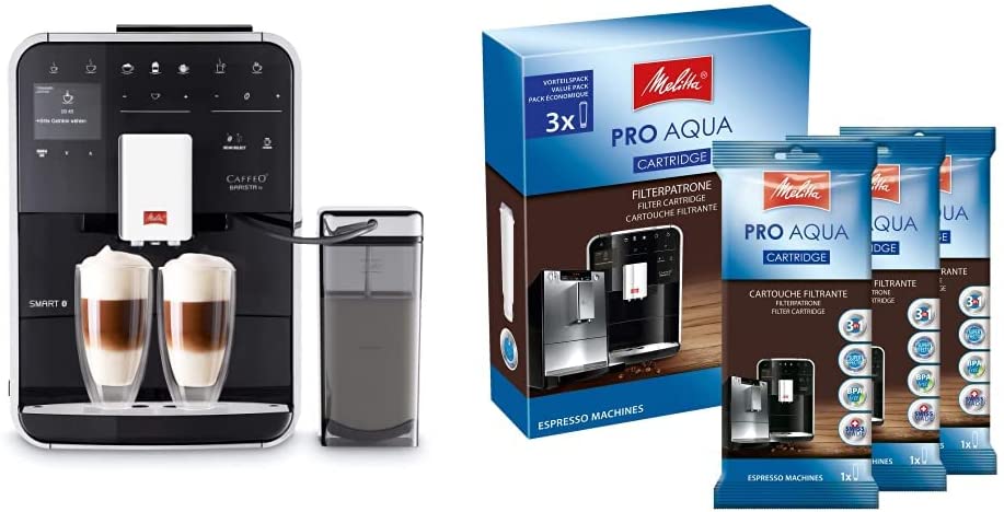 Melitta Caffeo Barista TS Smart F850-102, fully automatic coffee machine with milk container, black & 224562 filter cartridge for fully automatic coffee machines, 3 x Pro Aqua, prevention of limescale, 3 cartridges