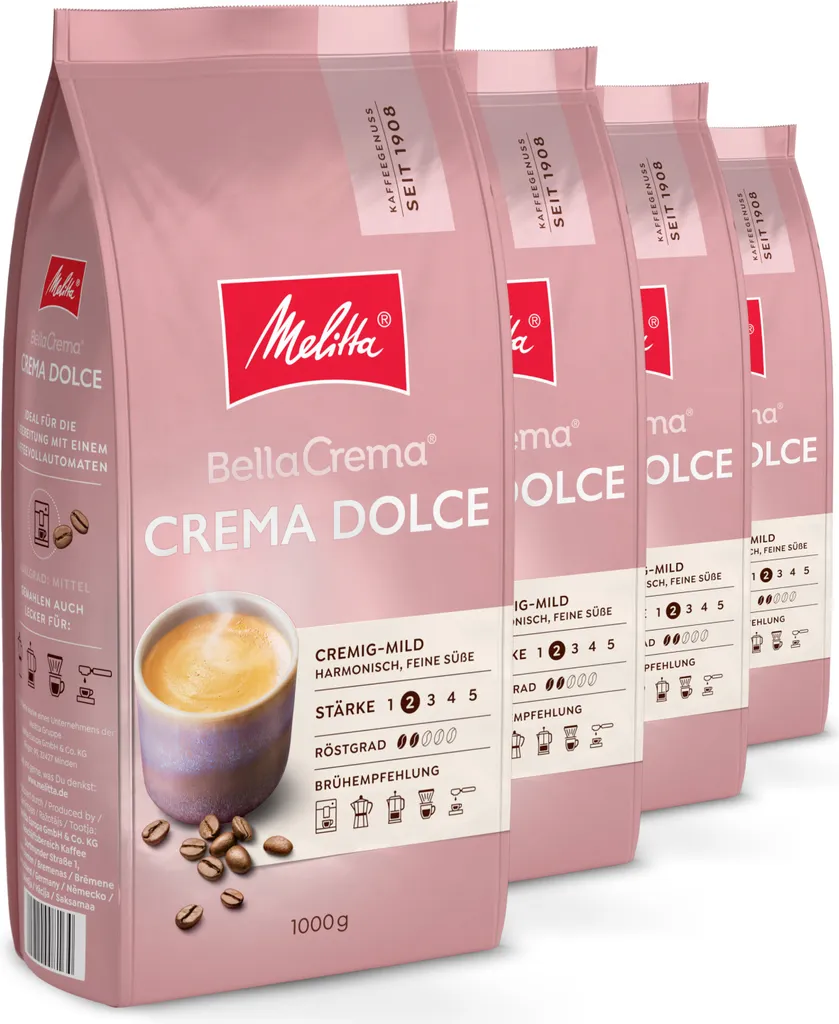 Melitta BellaCrema Crema Dolce, coffee beans, for fully automatic coffee machines, in a set