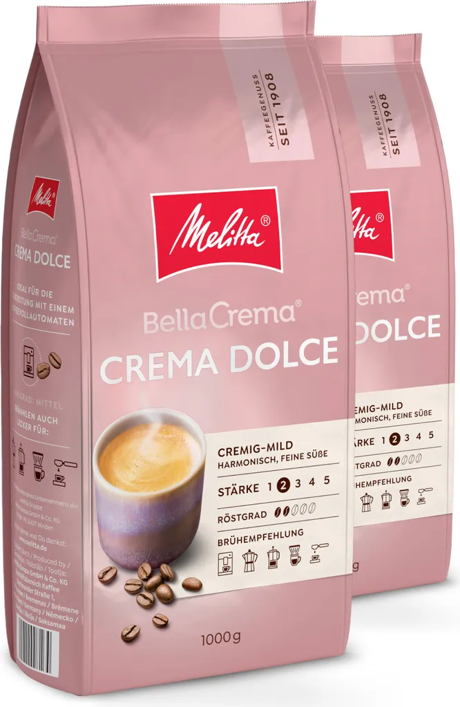 Melitta BellaCrema Crema Dolce, coffee beans, for fully automatic coffee machines, in a set 2 kg