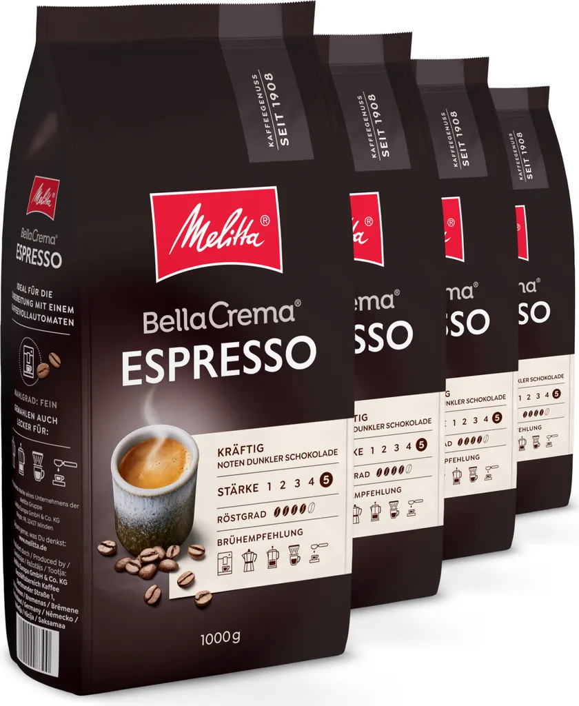 Melitta BellaCrema Espresso coffee beans, for fully automatic coffee machines, in a set