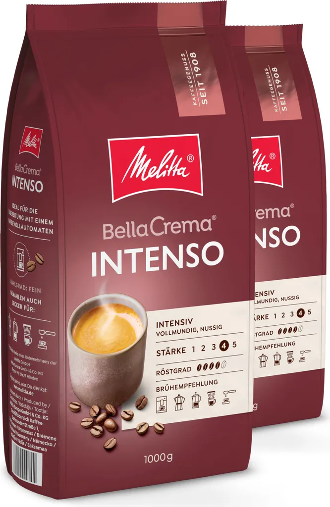 Melitta BellaCrema Intenso coffee beans, unground, for fully automatic coffee machines, in a set