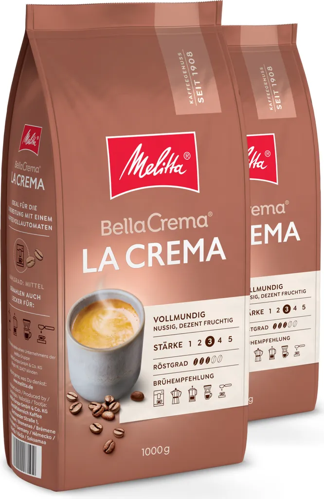 Melitta BellaCrema La Crema coffee beans, whole beans, for fully automatic coffee machines, in a set