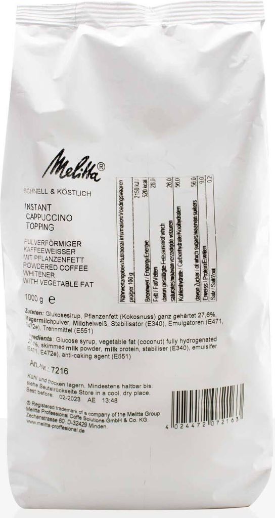Melitta Instant Cappuccino Topping Milk Powder 10 x 1kg, for vending machines