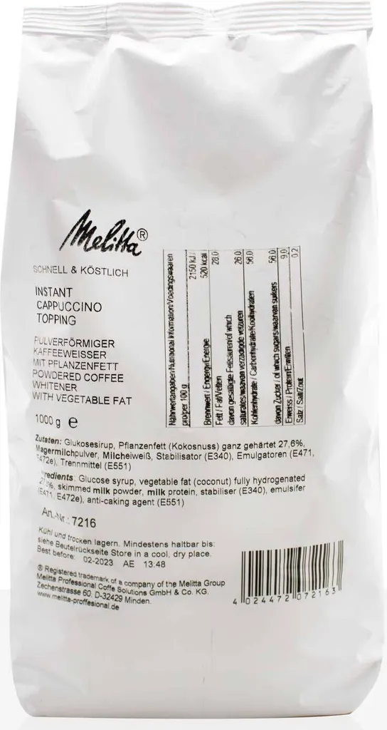 Melitta Instant Cappuccino Topping Milk Powder 1kg, for vending machines