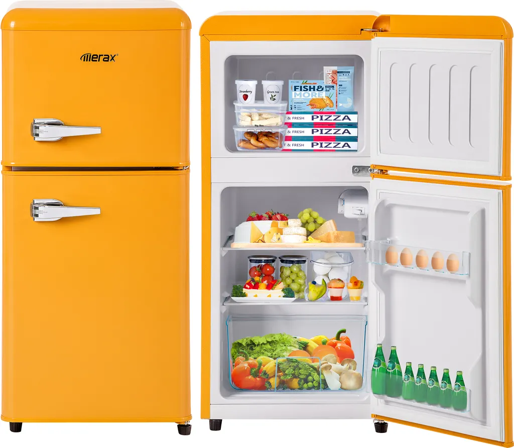Merax Retro Refrigerator/Freezer Combination BCD-86, Vintage Refrigerator, Adjustable Shelf and Feet, Double Door and LED Lighting, 87 cm High, 60 L, Yellow