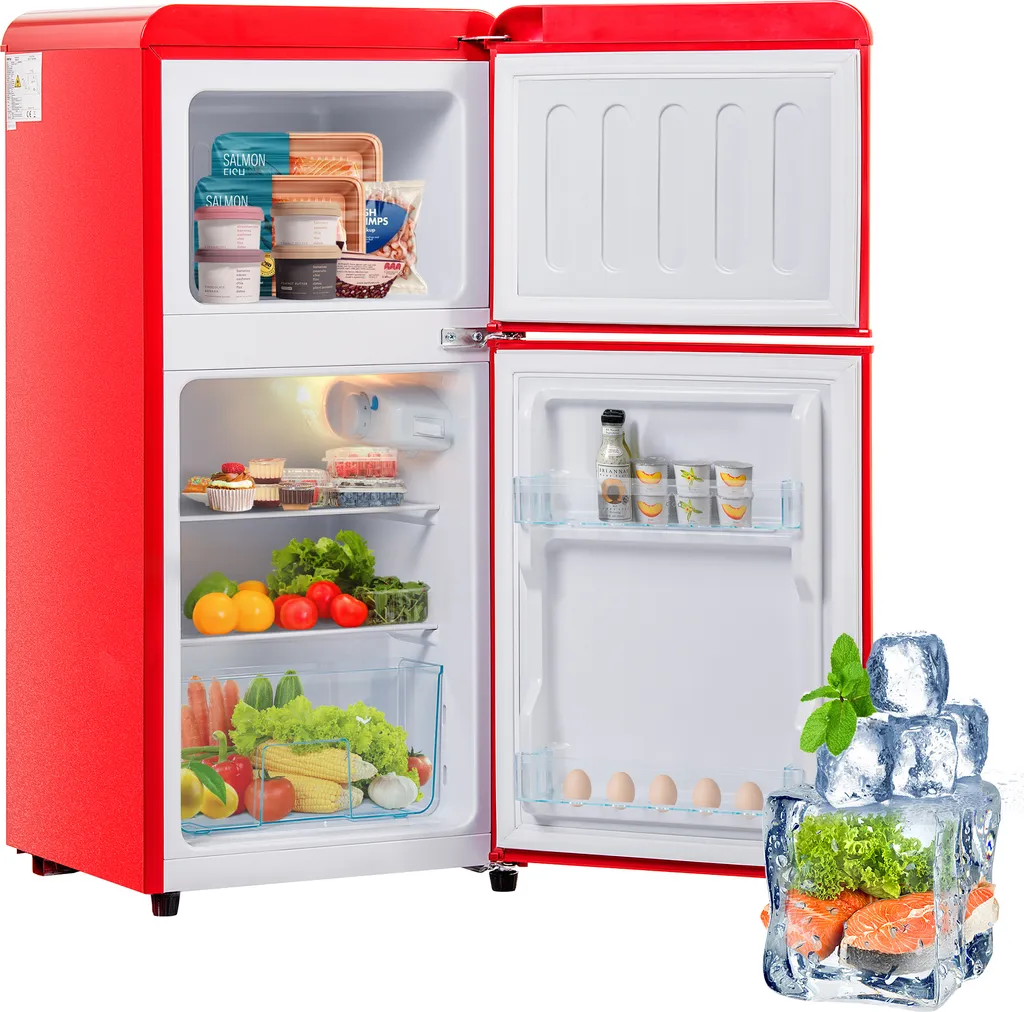 Merax Retro Refrigerator/Freezer Combination BCD-86, Vintage Refrigerator, Adjustable Shelf and Feet, Double Door and LED, 87 cm High, 60 L, Red
