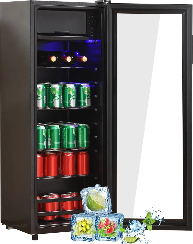 Merax Table Top Refrigerator 128L with Freezer Compartment and Glass Door, Bottle Cooler with LED Lighting and Adjustable Shelf, Beverage Refrigerator 110cm Cooling and Freezing Function, Freestanding