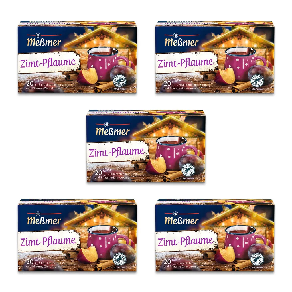 Ostfriesische Tee Gesellschaft Meßmer Cinnamon Plum | 5x Cinnamon Plum Value Pack | 100 Tea Bags | Fruit Tea with Cinnamon and Plum-Cinnamon Flavor, 250 gm