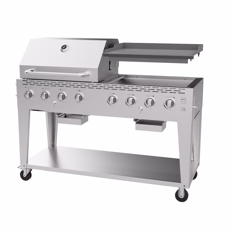 METRO PROFESSIONAL 8-burner gas grill with plancha, grilling surface 67 x 51 cm, with cover, mobile, stainless steel, silver
