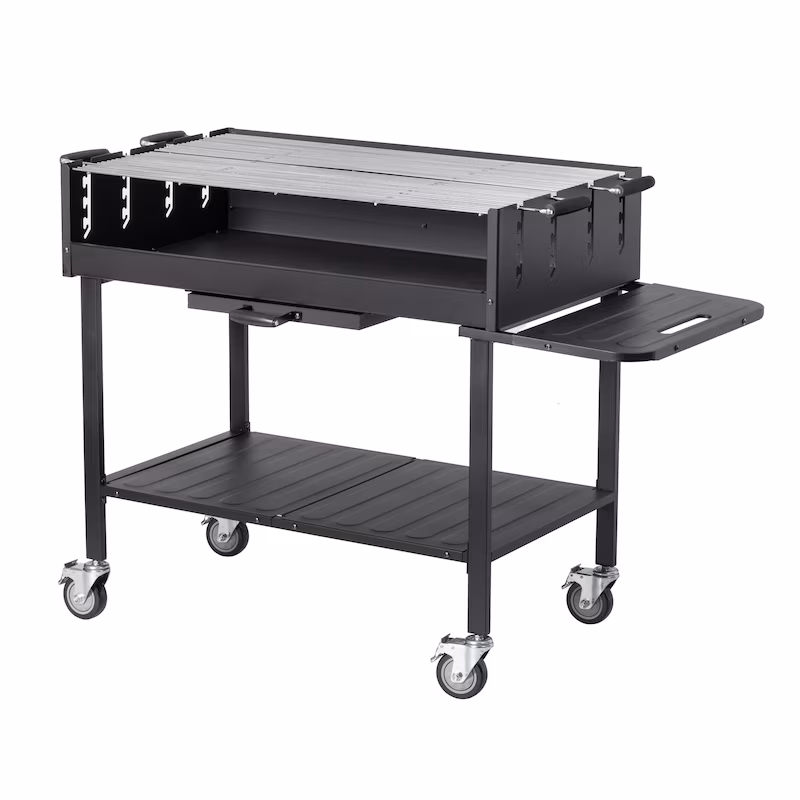 METRO PROFESSIONAL Deluxe Charcoal Grill Cart, 137 x 68 x 94 cm, Protective Cover and Side Table, Steel/Stainless Steel, Black