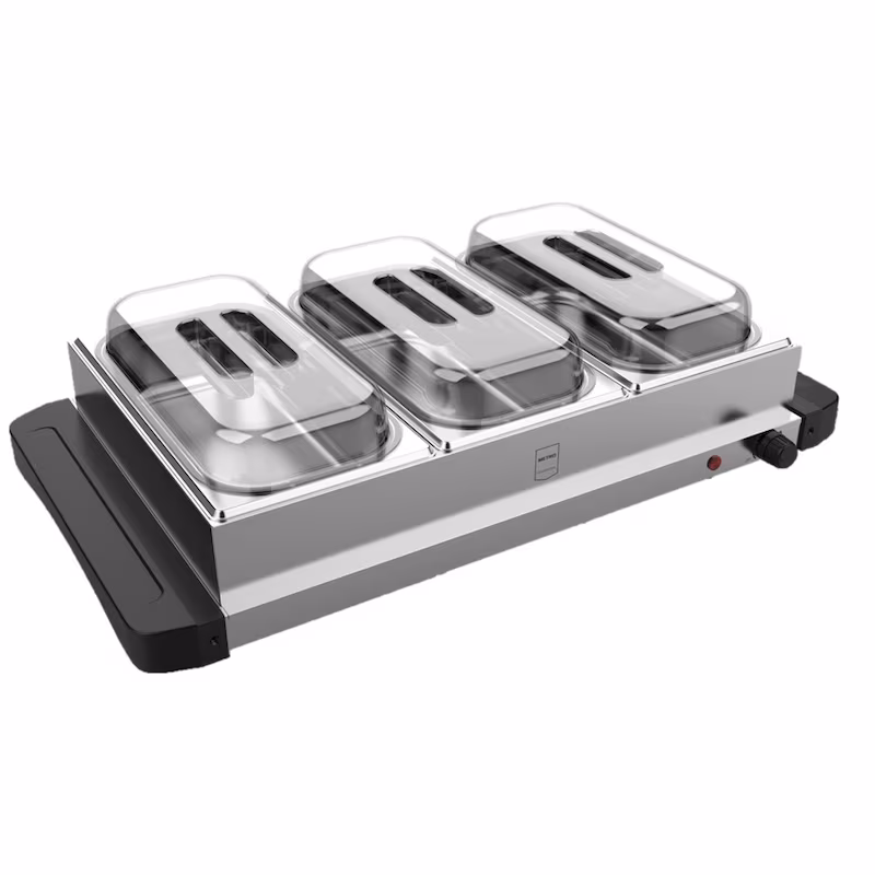 METRO Professional Electric Chafing Food Warmer GFW1000, Stainless Steel, 65.7 x 36.1 x 16.7 cm, 400W, GN 1/3, up to 85°C, with Lid and Baking Tray, Silver