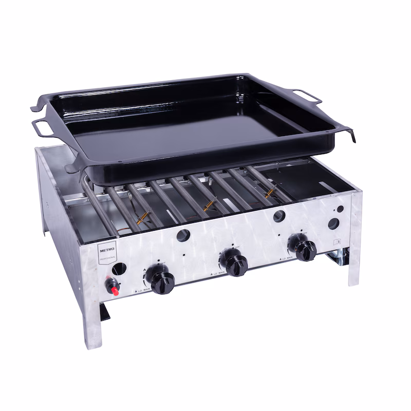 METRO PROFESSIONAL Gas Griddle 3-Burner, Aluminum/Stainless Steel, 55.7 x 69.6 x 27.5 cm, 10.5 kW, Piezo Ignition, Control Panel, Silver