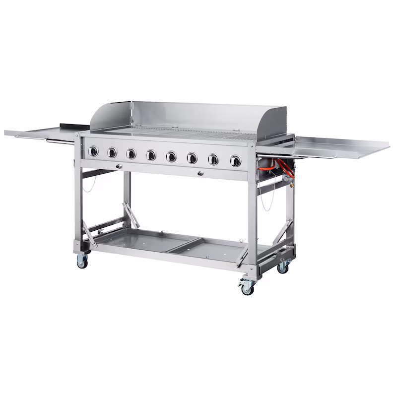 METRO PROFESSIONAL Gas Grill, 8-burner, grilling surface 49 x 120 cm, side table, mobile, protective cover, stainless steel, silver