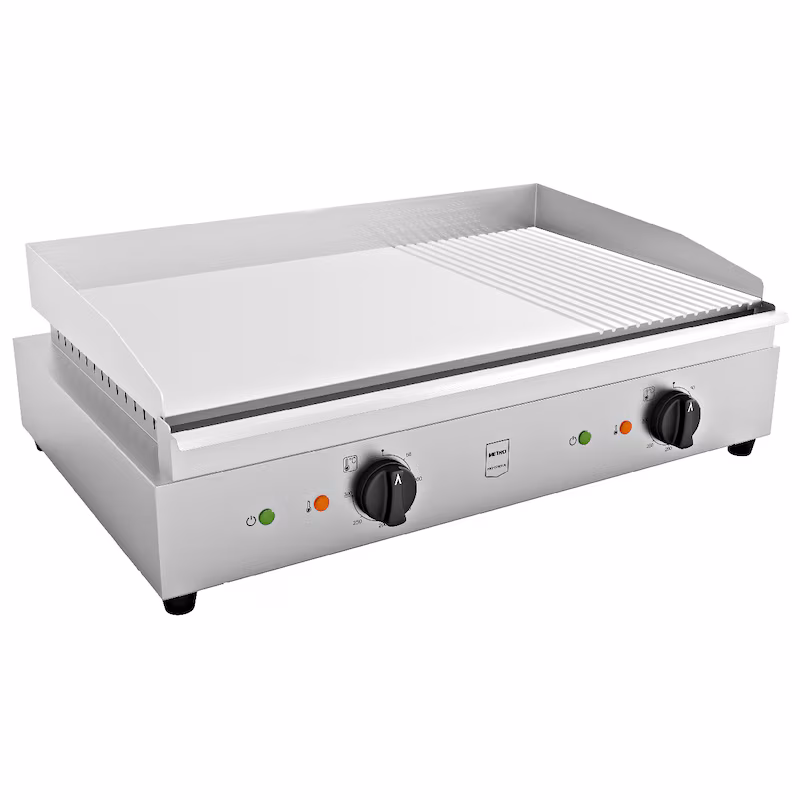 METRO PROFESSIONAL Grill Plate GEG2112, Stainless Steel, 72x49.8x24cm, Removable Drip Tray, Smooth/Ribbed and Chrome-Plated Surface, Silver