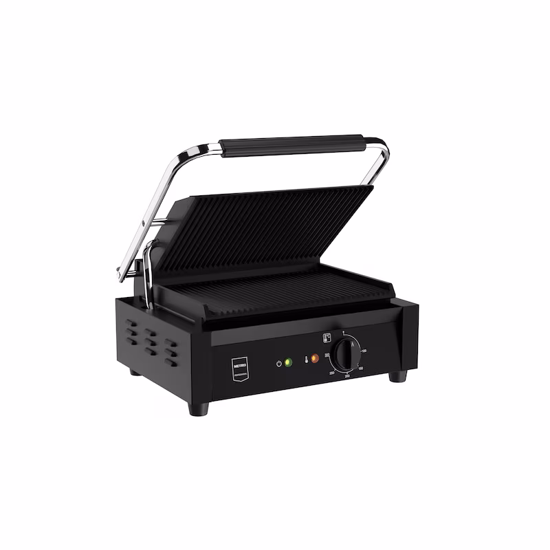 METRO PROFESSIONAL Single Contact Grill GPG1201B, 43 x 36 x 20 cm, Stainless Steel, with Grease Collection Tray, Black