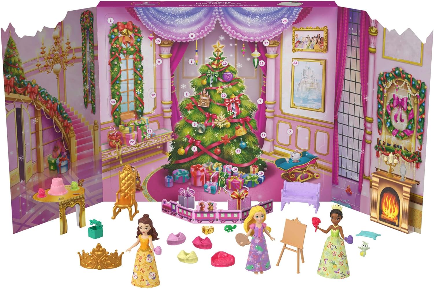 Mattel Disney Princess Doll Advent Calendar with 24 Days of Surprises, Includes 3 Little Dolls, 3 Friends, 6 Fashions and 16 Movie-Inspired Accessories, JFG79