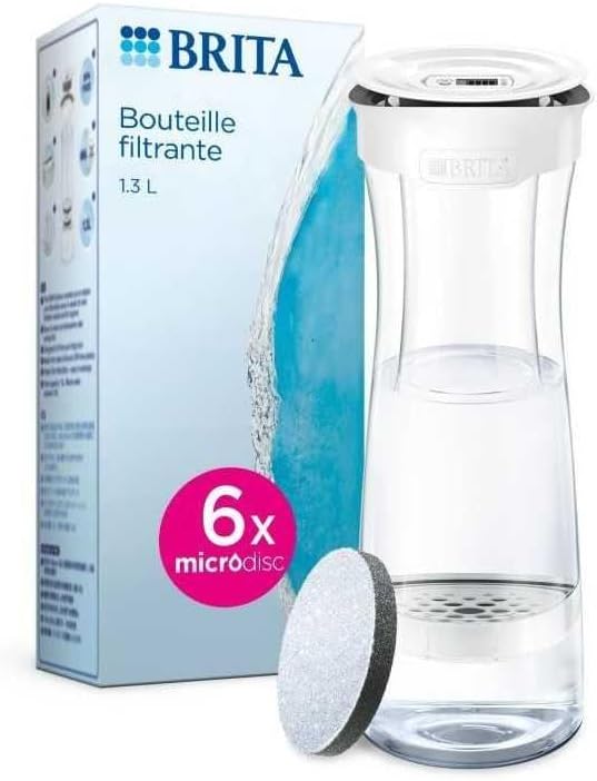 BRITA Store BRITA White Graphite Filter Bottle, Reduces Chlorine, Lead and Other Organic Impurities for Purer Tap Water, 6 MicroDisc Filters Included