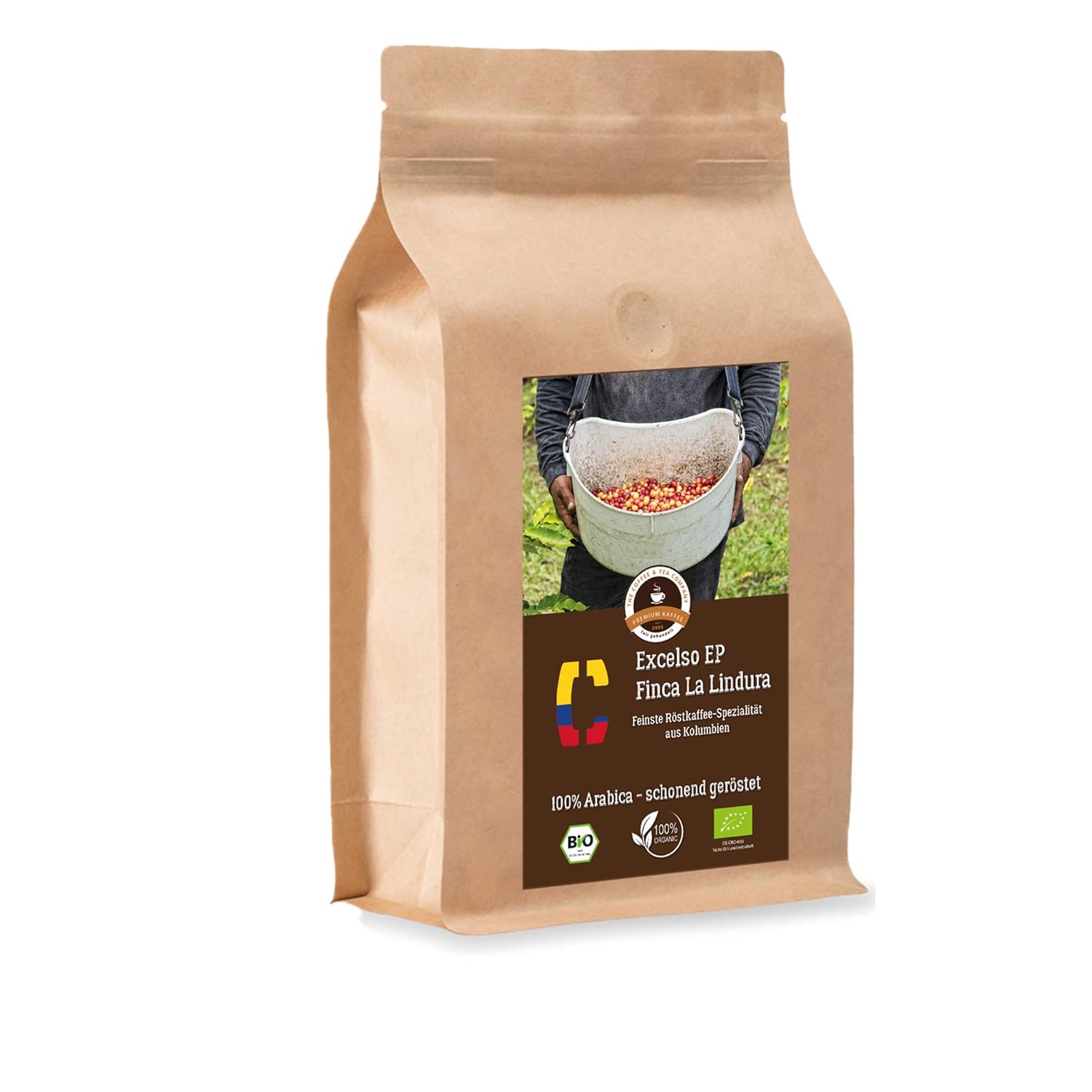 Kaffee Globetrotter Coffee Globetrotter - Bio Colombia Excelso EP Finca la Lindura - 1000 g Coarse Painting - for Fully Automatic Coffee Grinder, Hand Mill - Top Coffee - Roasted Coffee from Organic Cultivation