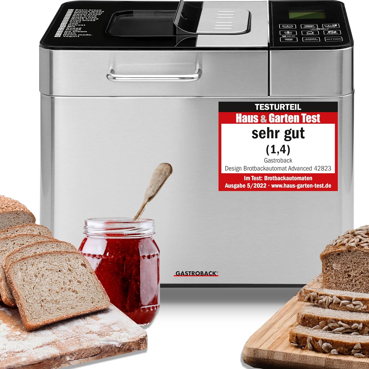 Gastroback 42823, Advanced Design Bread Maker, Stainless Steel, 18 Programs, Automatic Ingredient Compartment for 500 g, 750 g and 1,000 g Loaves of Bread, Viewing Window, Timer, 18/8, Silver