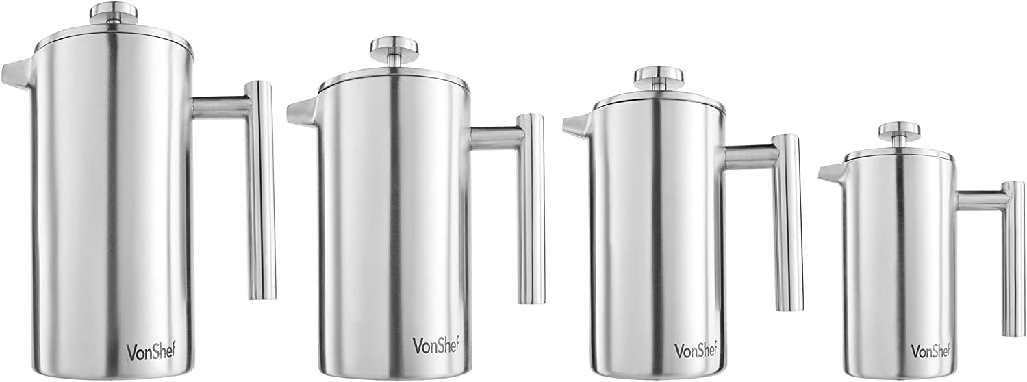 VonShef Cafetière 6 Cups Coffee Maker Coffee Filter Stainless Steel with Measuring Spoon and Bag Clip