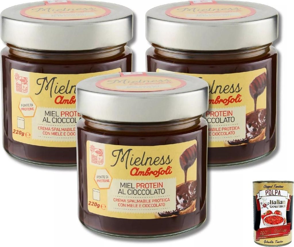Ambrosoli Mielness Honey Protein Cream with Honey and Chocolate 220g, Protein Cream with Honey and Chocolate 3x220g + Italian Gourmet Polpa 400g